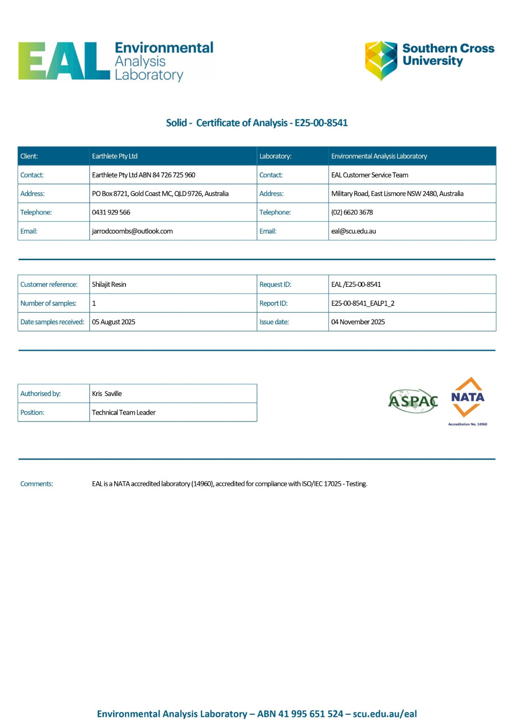 Certificate of Analysis from EAL Environmental Analysis Laboratory with Southern Cross University branding.